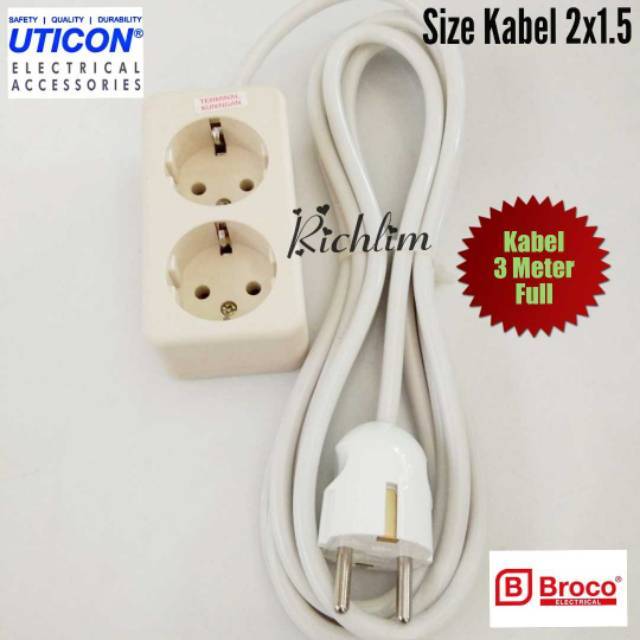 Stop Kontak/Terminal Kabel/Colokan Listrik 2 Lubang Uticon+Kabel 3 Meter