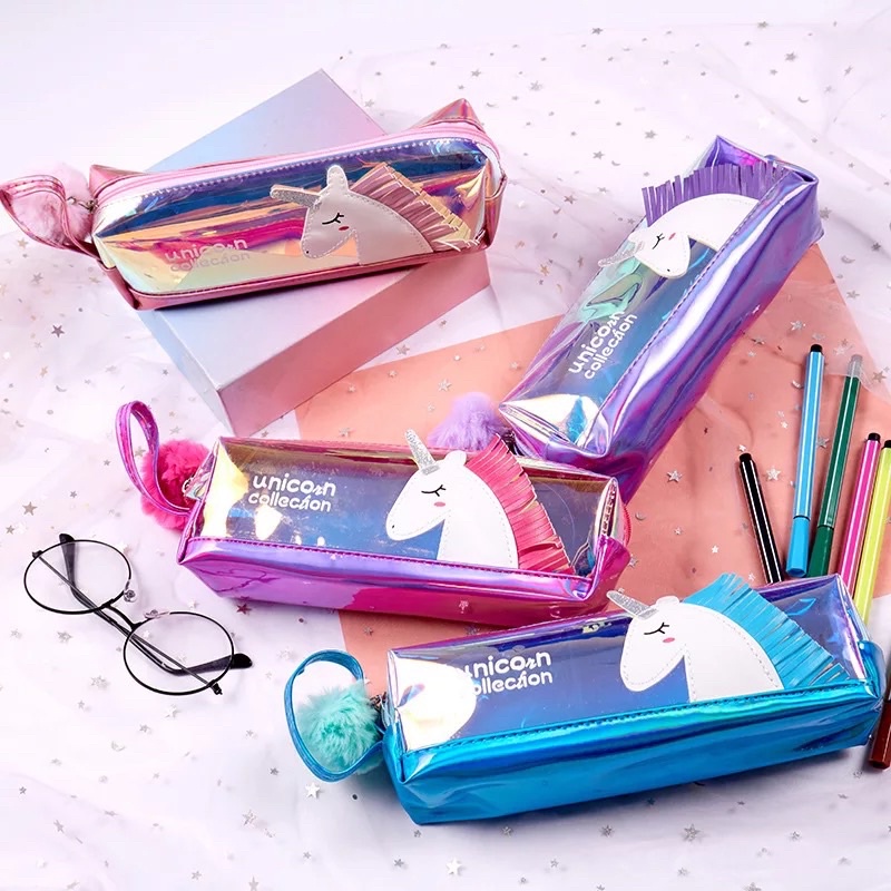 TEMPAT PENSIL DOMPET PENSIL METALIK UNICORN - PENCIL CASE METALLIC SHINY 3D TRANSPARANT CLEAR / KOTAK PENSIL KUDA PONY / TEMPAT PENSIL ANAK