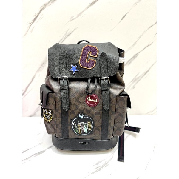 COACH Hudson Men’s Backpack Signature Dark Brown with New York Big Apple Patches - 100% authentic LI