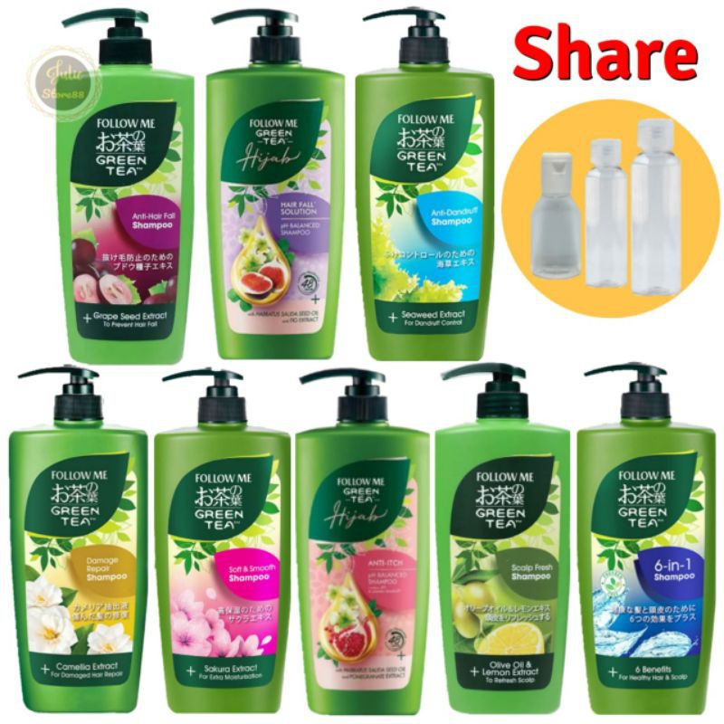 (Share) FOLLOW ME Green Tea Shampoo Anti Hair Fall Dandruff Hijab Anti Itch 6 in 1 Soft &amp; Smooth