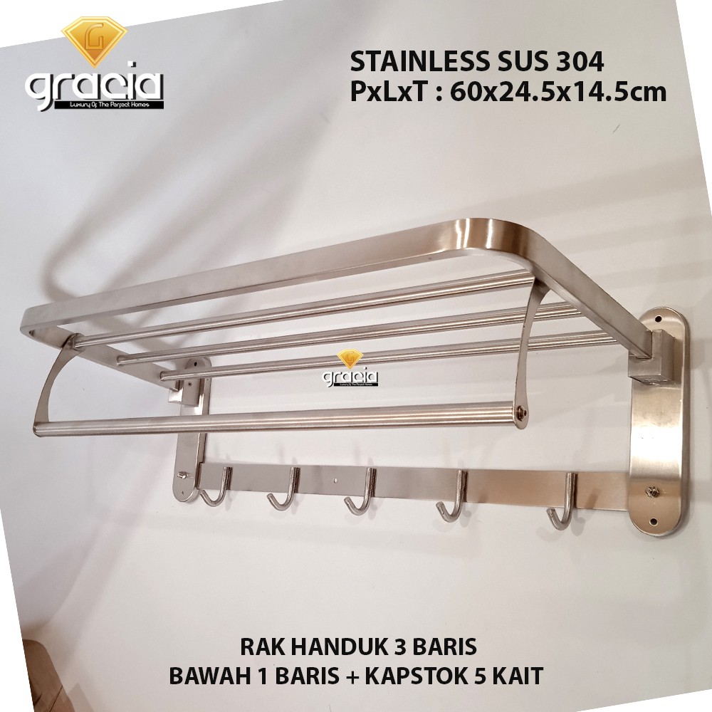 gantungan baju Rak Handuk / Gantungan Baju Handuk Stainless SUS 304 Anti Karat 5 Baris + Gantungan Baju 5Kait