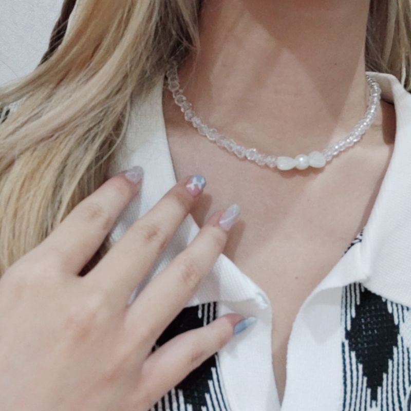 Ellina Acrilic Ribbon Pearl Choker Necklace Kalung Akrilik Pita Mutiara