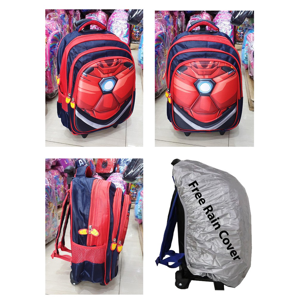 TERMURAH Free Rain Cover Tas Trolley Sekolah SD Anak Laki Laki 3Resleting IMPORT ( Garis 3D - otot 16&quot; )