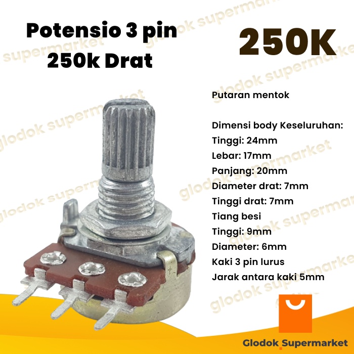 Potensio 3 pin 250k Drat Mono Kaki 3 Lurus Potentio Meter