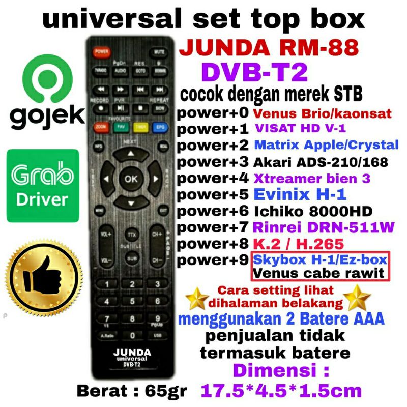 REMOTE UNIVERSAL SET TOP BOX STB DVB-T2 SKY BOX A-1 VENUS BRIO VENUS CABE RAWIT JUNDA RM88