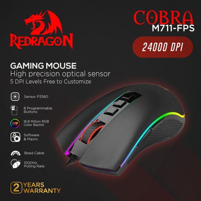 Mouse gaming redragon wired usb 2.0 optical Rgb 10000dpi 20G 1000Hz macro program Cobra m711