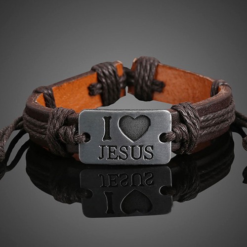 Gelang Unisex: Tulisan I LOVE JESUS Bahan Tali Kulit Rubah Imitasi Yang Dapat Diatur