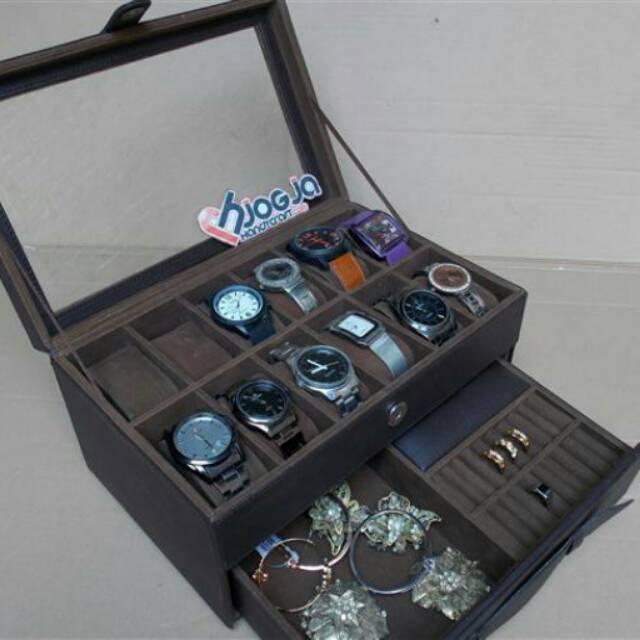 Brown Watch Box For 12 Watches Mix Accesories Drawer