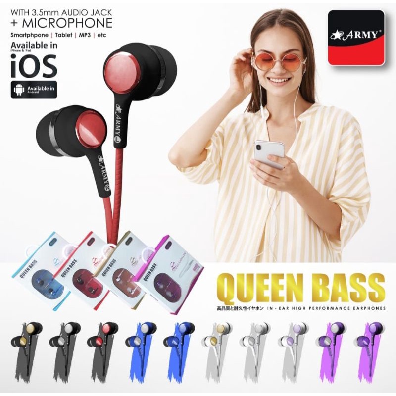 HF EARPHONE ARMY QUEEN BASS IN EAR HIGH PERFORMANCE STEREO EARPHONE