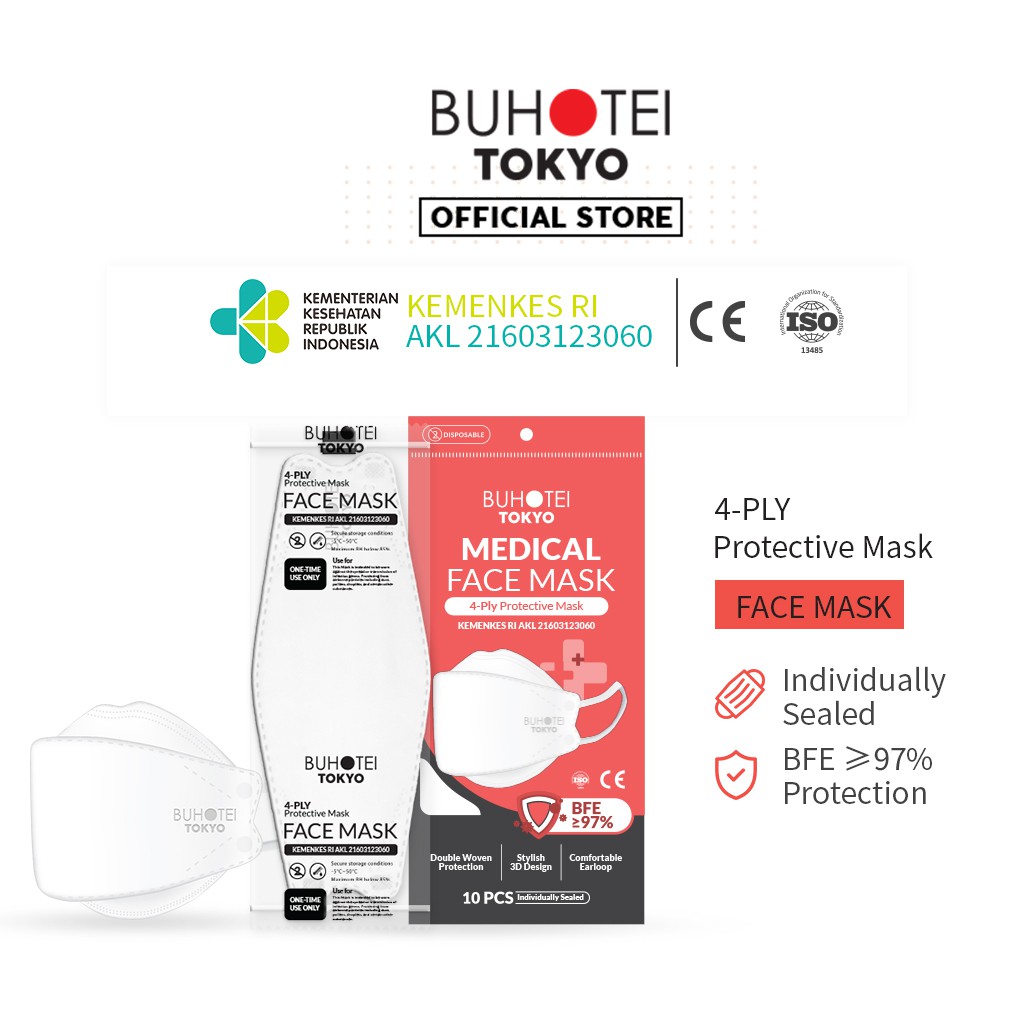 BUHOTEI Disposable Masker wajah EVO Earloop Face Mask Kesehatan masker medis-BH-Medical White 10p