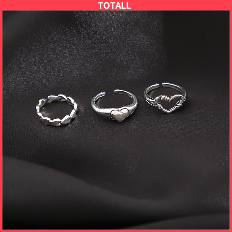 COD 3pcs Cincin Model Terbuka Desain Gelombang Hati Warna Silver Gaya Vintage Untuk Wanita-Totall