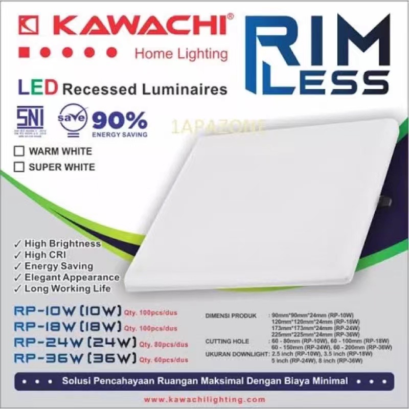 LAMPU LED PANEL DOWNLIGHT RIMLESS KAWACHI PUTIH BENTUK KOTAK 10WATT 18WATT 24WATT 36WATT