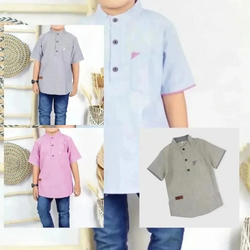 Baju Koko Anak Laki Laki IBROHIM Bahan Cotton Oxford Atasan Anak Muslim Lengan Pendek Kerah Shanghai Diskon Murah Berkualitas