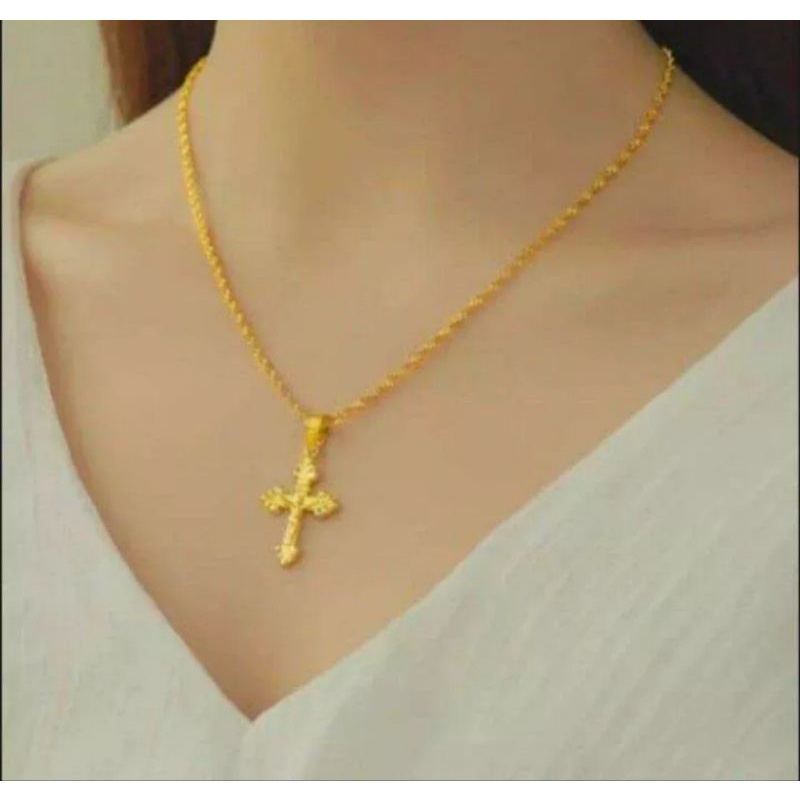 Persiasan Kalung Melintir, FreeLiontin salib Kuning Emas 24K anti Karat dan Luntur