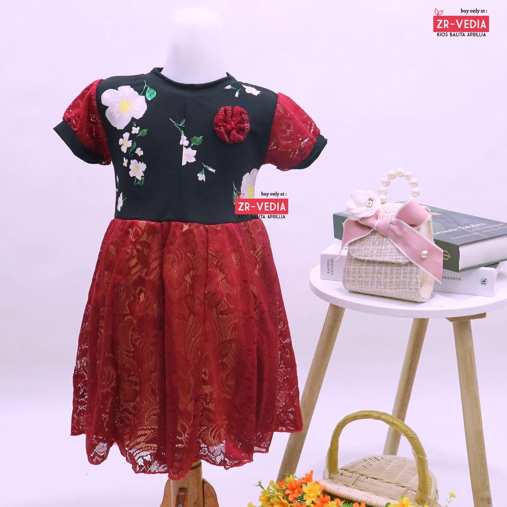 Dress Yuki uk 1-4 Tahun / Dres Lengan Anak Perempuan Baju Gaun Pesta Import Brukat Adem Murah