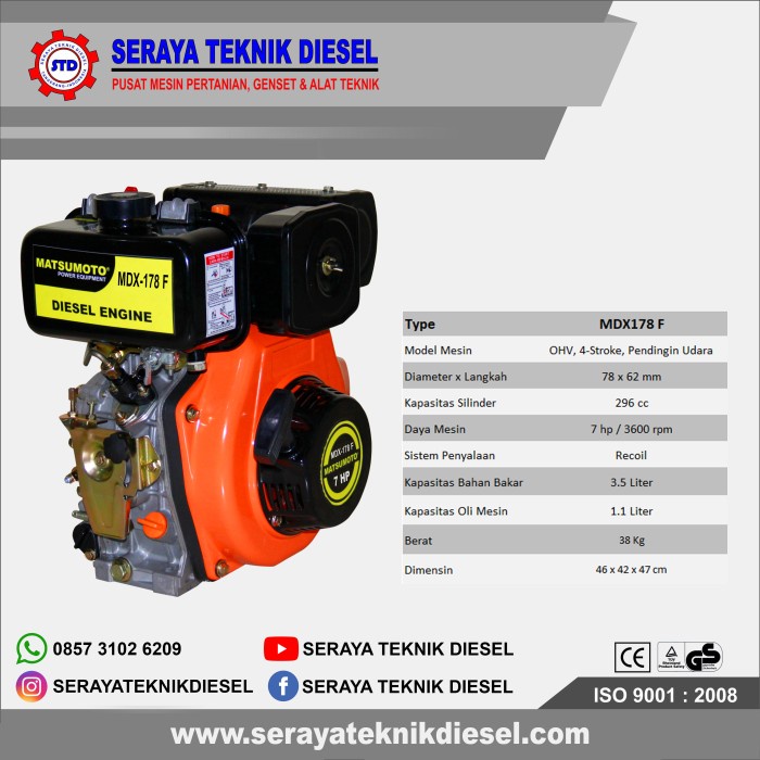 MESIN PENGGERAK SOLAR 7 HP DIESEL 178 CEPAT-LAMBAT-STARTER MATSUMOTO - PUTARAN CEPAT