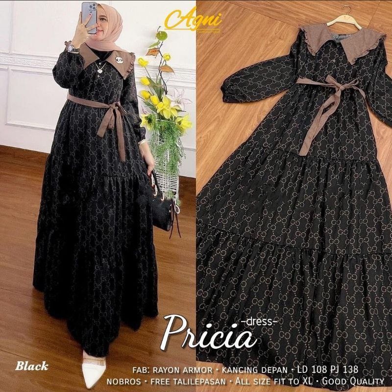 Gamis Terbaru Pricia Susun Rempel Rayon Premium Dress Wanita Lengan Panjang Baju Wanita Busui LD 110 cm