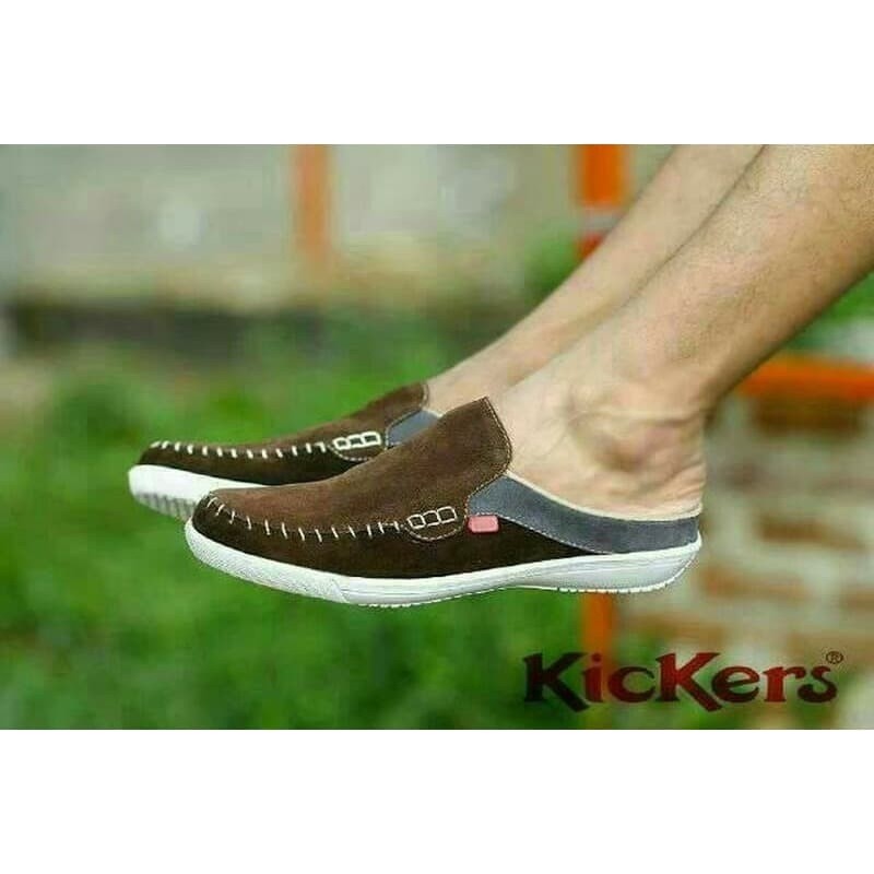 MS SHOP - BRANDED - Sepatu Pria Kickers Stiching Coklat Kasual Slop Santai Bustong Cowok Termurah