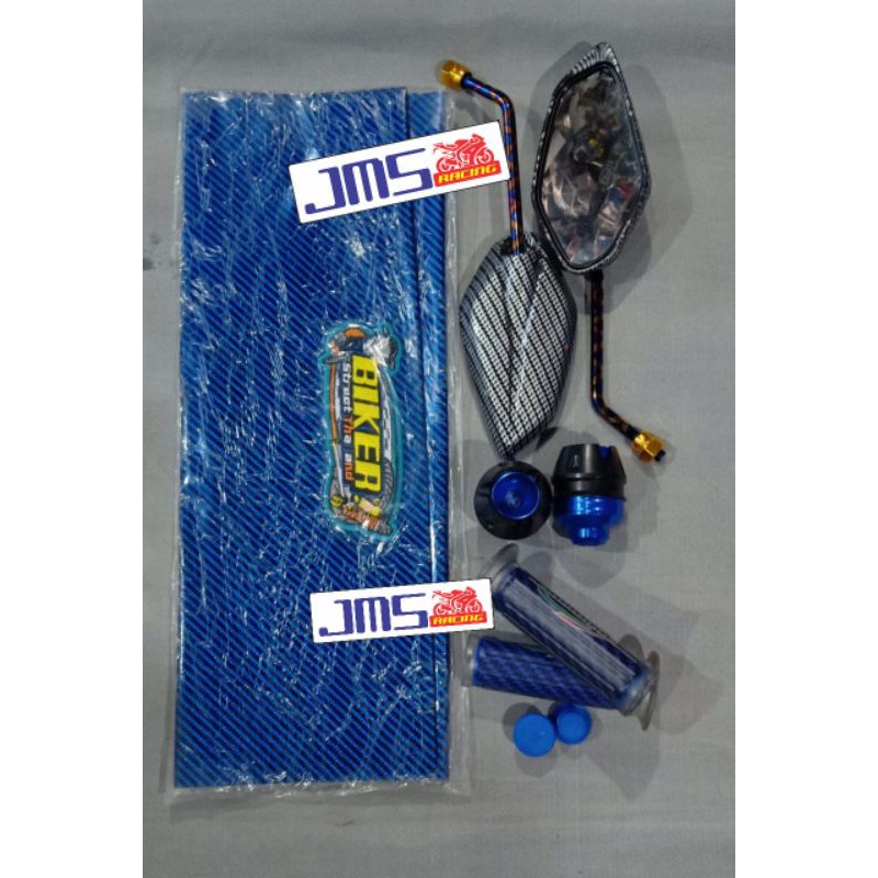 spion blue xxx plus kulit jok carbon dan jalu stang cnc jalu as roda paket set universal