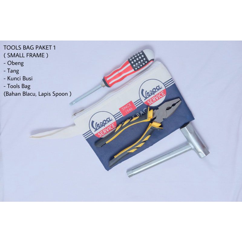 Tools Bag alat komplit tas kunci busi motor vespa dompet busa anti getar tas kunci busi obeng tang kunci Y wajib punya di vespa clasik.Kelengkapan tergantung paket pilihan - tas- Obeng amerika bagus - Tang ukuran 8 inch cukup - Kunci busi pts-2