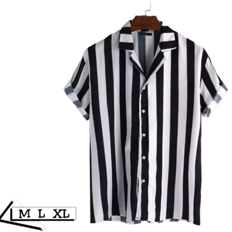 [KODE W0515] Kemeja salur pria garis Hitam putih | Kemeja pria motif garis-garis | Kemeja pria lenga