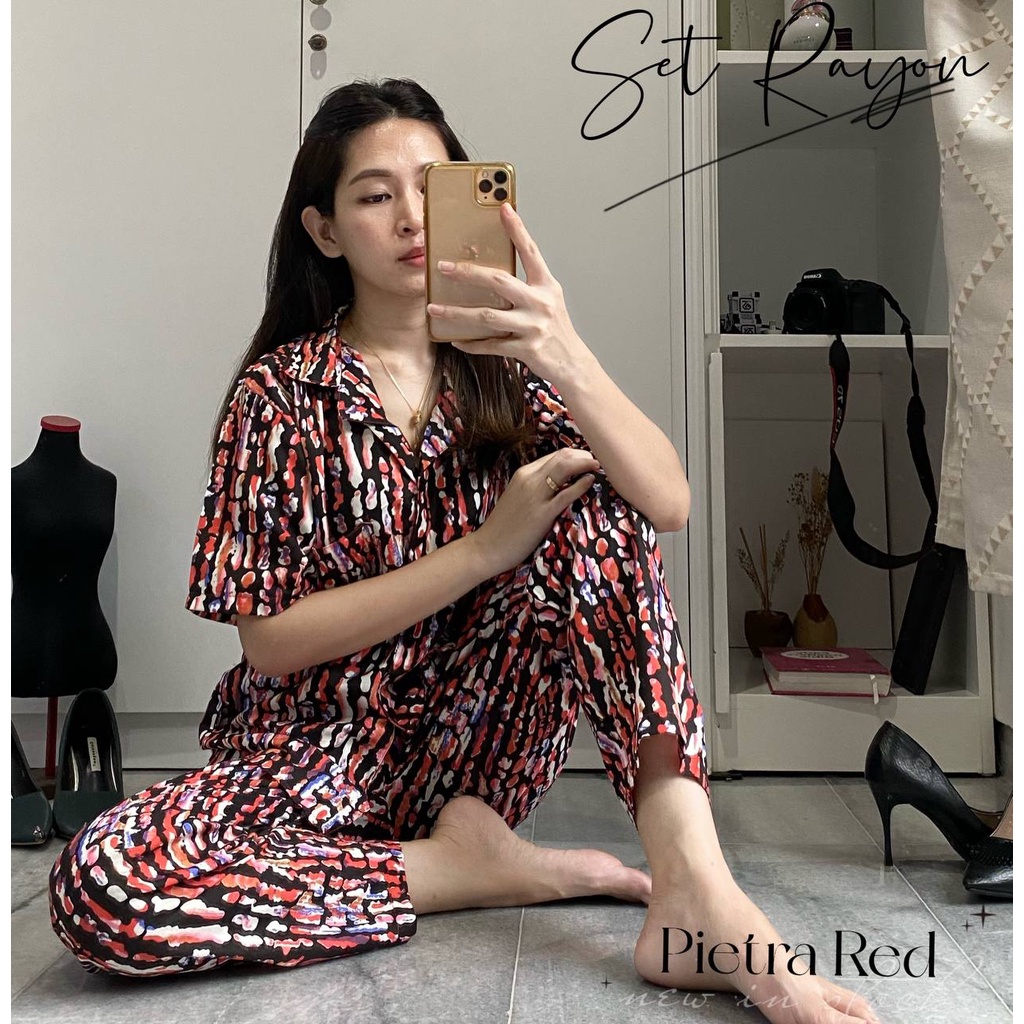 IZANY Piyama One Set Kemeja Pendek / Daily Set Kemeja Allsize Rayon Dischart-PIETRA RED