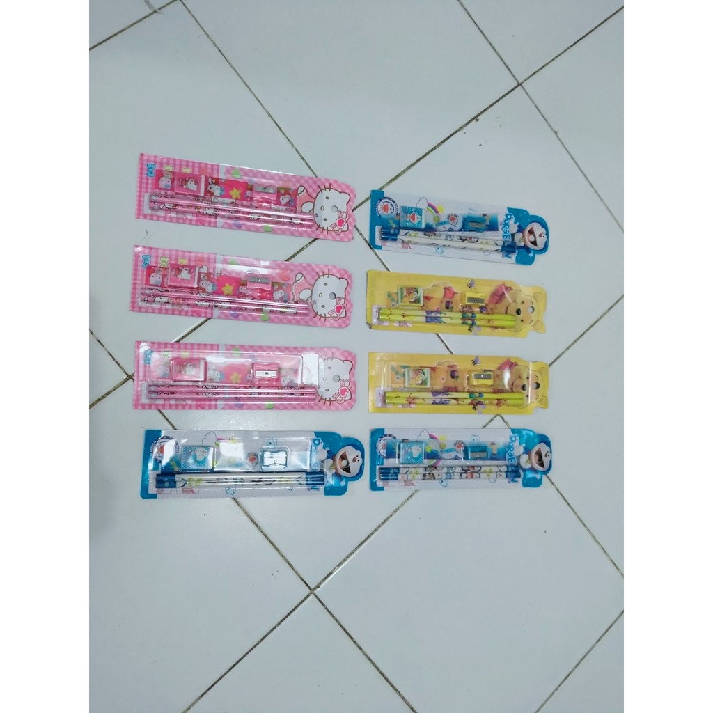 

Pensil set lengkap penghapus pengharis rautan