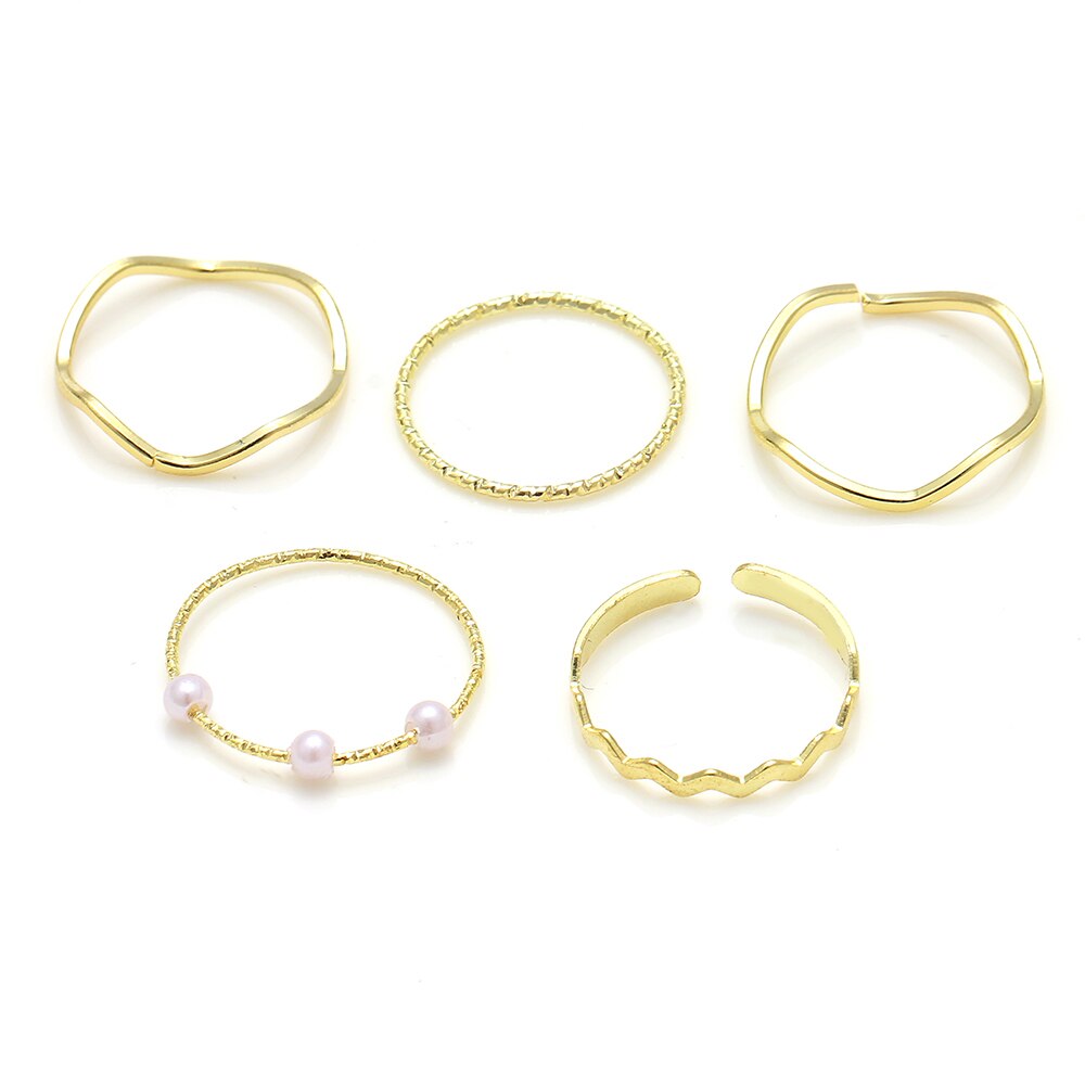 5pcs / Set Cincin Mutiara Bentuk Bulat Geometris Warna Emas Gaya Minimalis Untuk Wanita