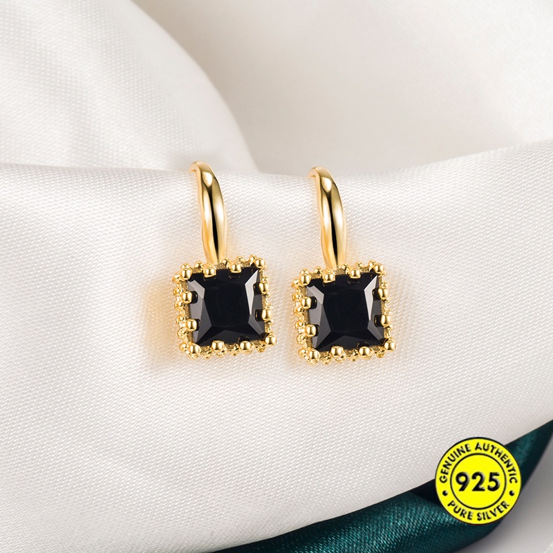 Anting Sterling Silver Bentuk Persegi Aksen Zircon Gaya Retro Perancis