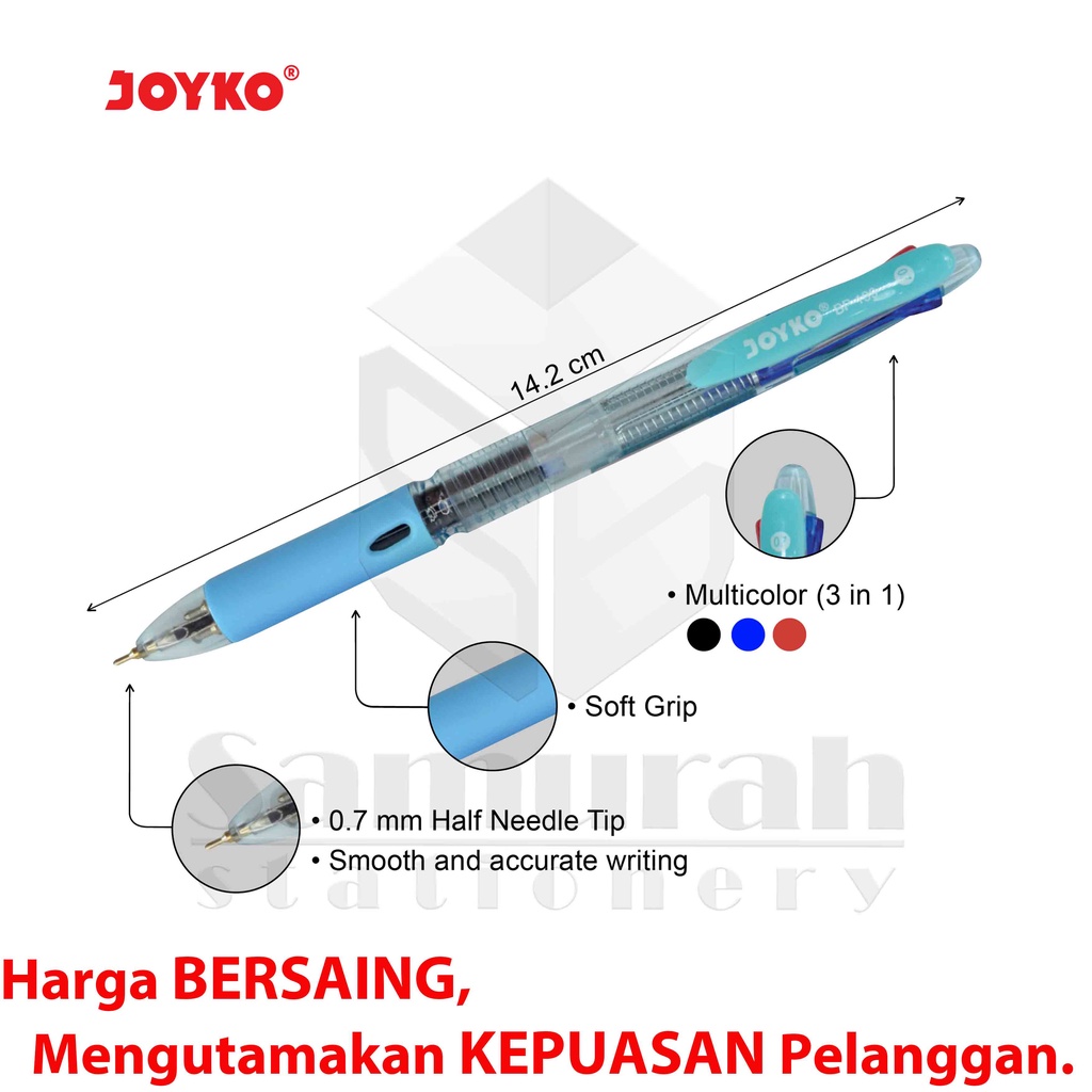 

RK Pulpen Joyko Trico 3 Warna BP 199 / Ball Pen BP-199 3 Warna 0.7 mm/ Ballpen Cetek BP199 3 W /