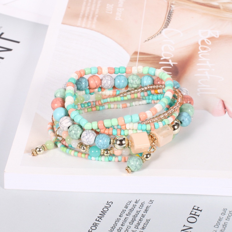 8pcs / Set Gelang Manik-Manik Batu Kristal Warna-Warni Multilayer Gaya Bohemia Etnik Untuk Wanita