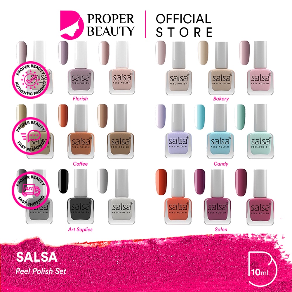 SALSA Peel Polish Indonesia / Kutek Halal Peel Off Lupas Breathable Hijab Friendly 10ml / Cat Kuku Nail / Florish Coffee Bakery Candy Art Salon / Matte Glossy Nude Bening Hitam Putih / Satuan Full Set Paket Lengkap / Cosmetic Beauty Tools Varnish Aseton