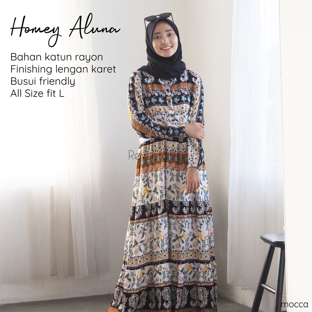 Homey Dress Aluna By Reyscarf Gamis Dewasa Luxury Bahan Rayon Viscose Premium Exclusive Adem Nyaman Dipakai  I  Bisa Cod