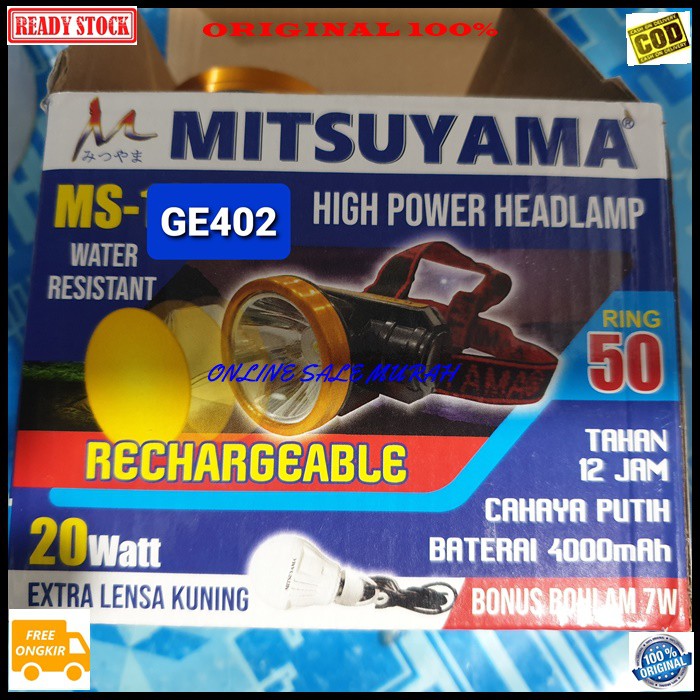 G402 Mitsuyama ORI 100% led lampu senter kepala pala cas casan headlamp head lamp baterai putih kuning led sinar cahaya terang rechargealble tahan air waterproof baterry charger multi universal original  20 WATT  TAHAN 12 JAM  BONUS LAMPU GANTUNG LED  WAR