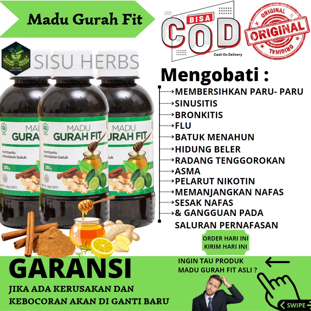 MADU GURAH FIT GURAHFIT Obat Herbal Batuk Sakit Tenggorokan Bronkitis Sinusitis Radang Tenggorokan Batuk Menahun Flu Sesak Nafas Hidung Beler Alergi Debu Asma Asthma Ashma Tbc Pelarut Nikotin Memanjangkan Nafas dan Gangguan Pada Saluran Pernafa