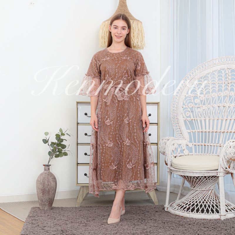 Ken-254 Long Dress Wanita Untuk Kondangan Pesta  Wisuda Full Tulle Bordir Premium Free Ikat Pinggang