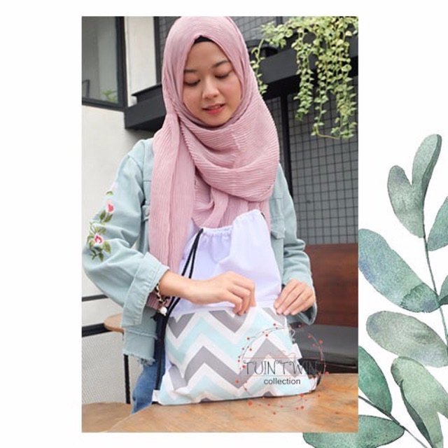 Stringbag Saku White Big Zigzag Hits Kekinian Unik Bag Tas Serut Drawsting Ransel remaja cewek perem