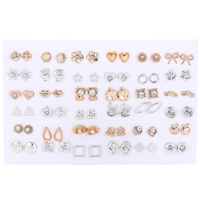 36Pairs Gold Silver Flower Stud Earring,Crystal Bear Heart Earrings, Mixed Styles Stud Earrings