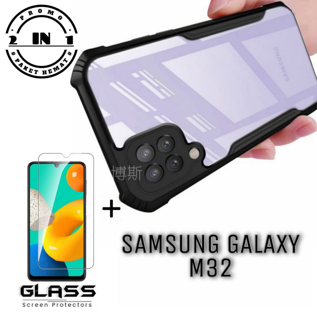Case SAMSUNG GALAXY M32 Paket 2in1 Hard Case Fusion Shockproof Transparant Free Tempered Glass Layar