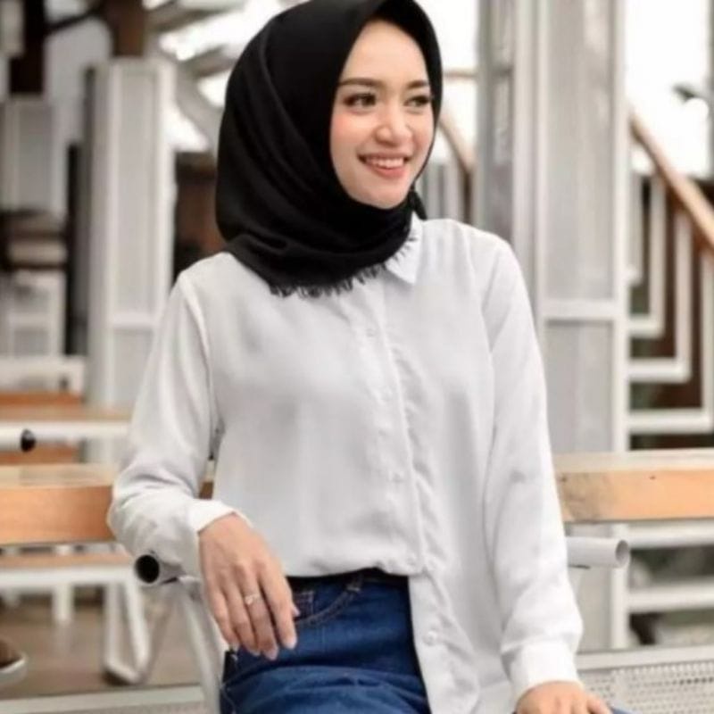BAJU KEMEJA WANITA POLOS CASUAL HITAM WANITA LENGAN PANJANG Grosir Bajuu-Putih