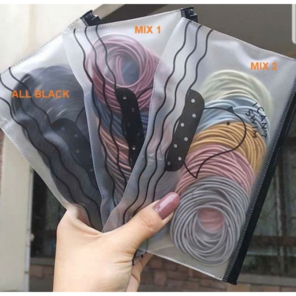 PS 100PCS IKAT KARET RAMBUT ELASTIS WARNA POLOS GAYA KOREA UNTUK WANITA / 100 pcs Kunciran Rambut Pouch Korea / Ikat Rambut Karet Polos Elastis Gaya Korea / Karet Gelang / Kuciran Rambut Wanita 100