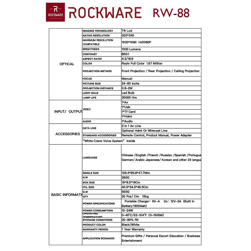 ROCKWARE RW-H88 - Mini Portable LED Projector 1000 Lumens YG300 Killer