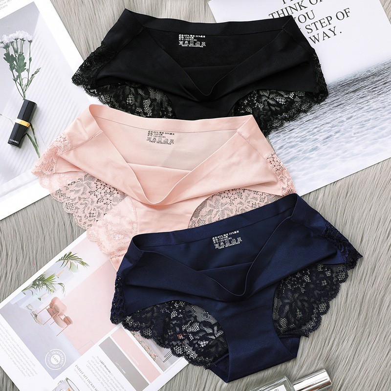 ❀ Chingu ❀ PW023 COD Celana Dalam Renda Ice Silk Sutra Brief Seamless Underwear CD Wanita Lace Sexy