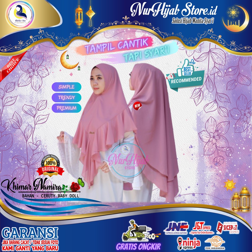 Hijab Jilbab Kerudung Khimar Namira Wanita Cantik Syari Ceruty Motif 2 Layer Pet Jumbo Murah Terbaru