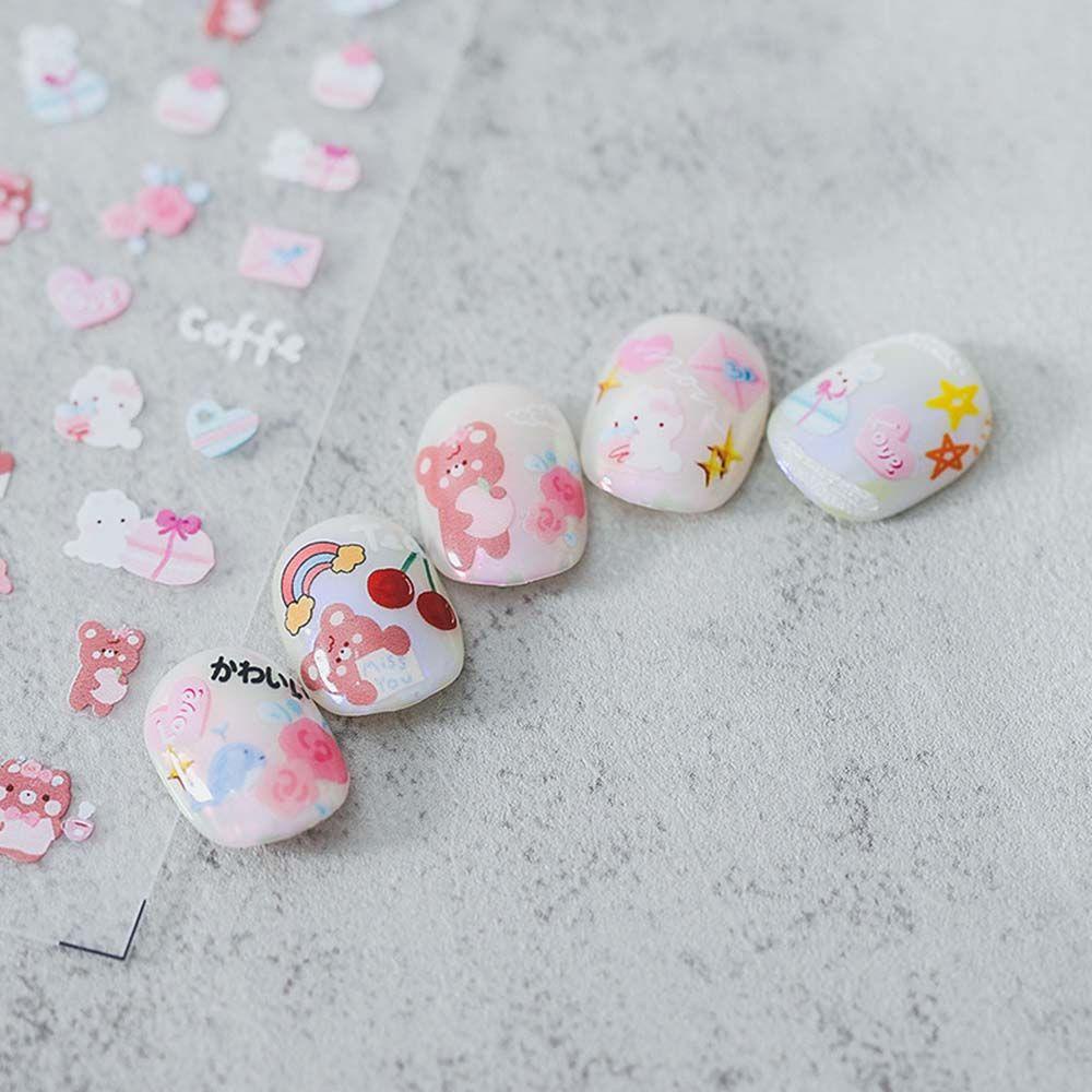 AUGUSTINA Agustina Stiker Nail Art Manis 5D Bunga Kelinci Beruang Perekat Manikur Aksesoris