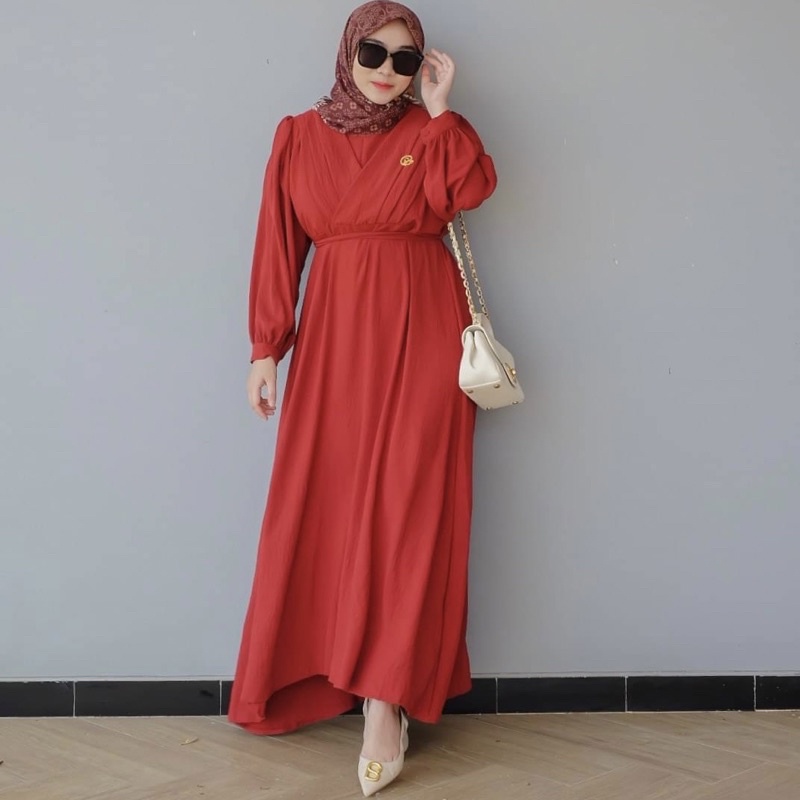 DYN -  Basic Fathia Dress - Gamis Polos Crinkle Busui Friendly-Sunset