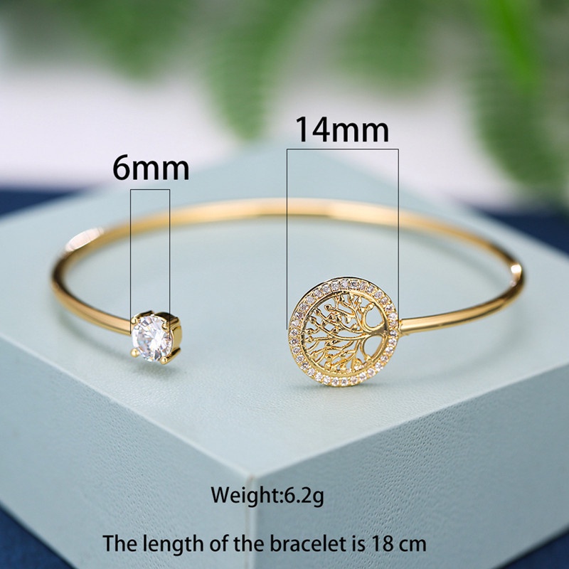 Fancyqube Gelang Tangan Wanita Model Terbuka Adjustable Desain Pohon Kehidupan Hias Batu Zircon Putih