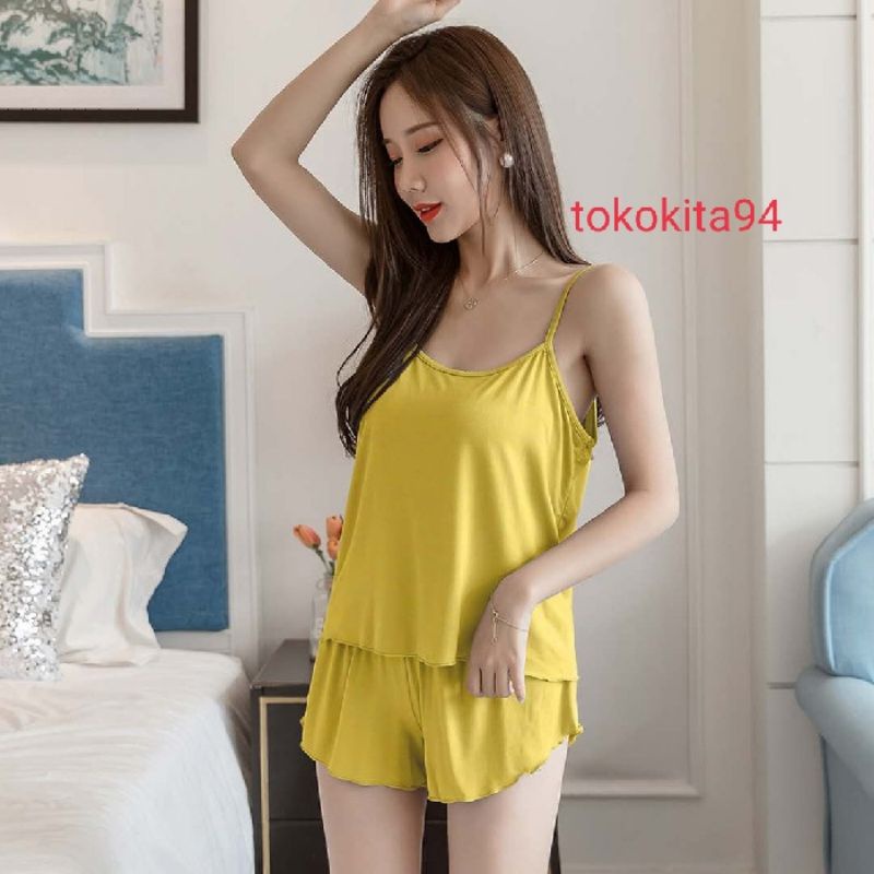 Piyama Tanpa Lengan 1Set Import - Piyama Wanita Import Polos Setelan - Setelan Baju Tidur Import 1Set