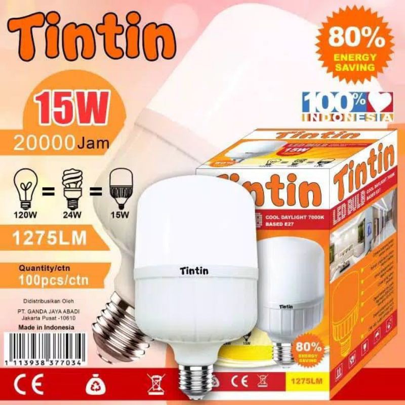 Bohlam Lampu LED Tintin 15 Watt Paket 10 Pcs Murah