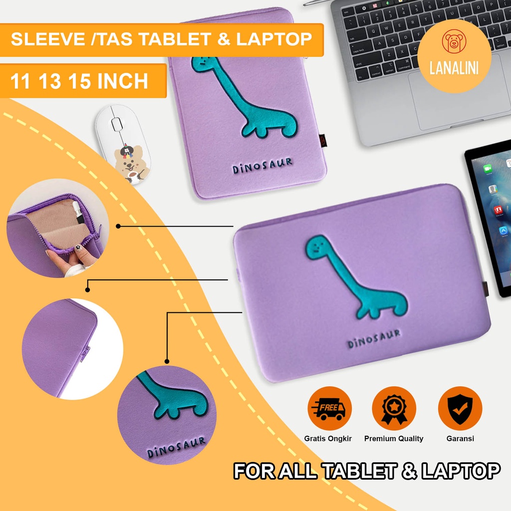 Sleeve Pouch Sarung Tas Bag Case Ipad Tab Tablet Macbook Air Pro Laptop Asus Acer Lenovo HP Huawei 11 12 13 14 15 inch Motif Gambar Kartun Cartoon Dino Warna  Ungu Purple Lilac Cute Murah Korean Model